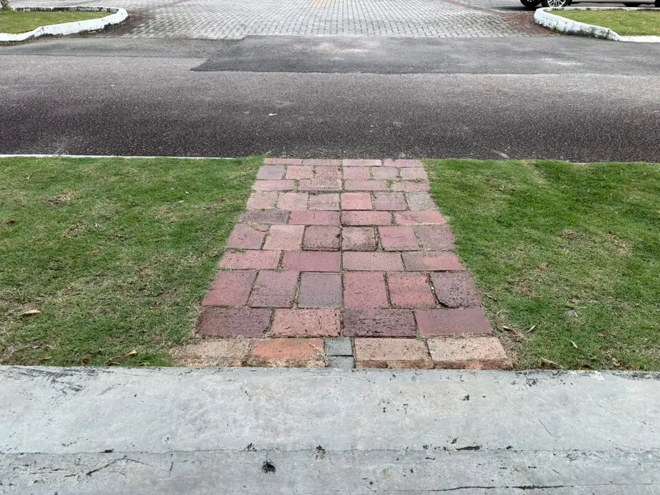 從校園草地筆直通向道路的整齊磚徑