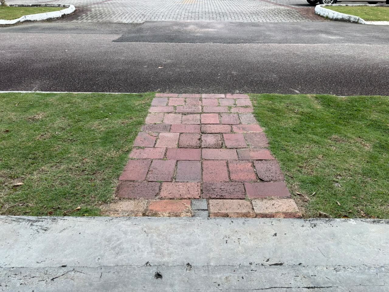 從校園草地筆直通向道路的整齊磚徑